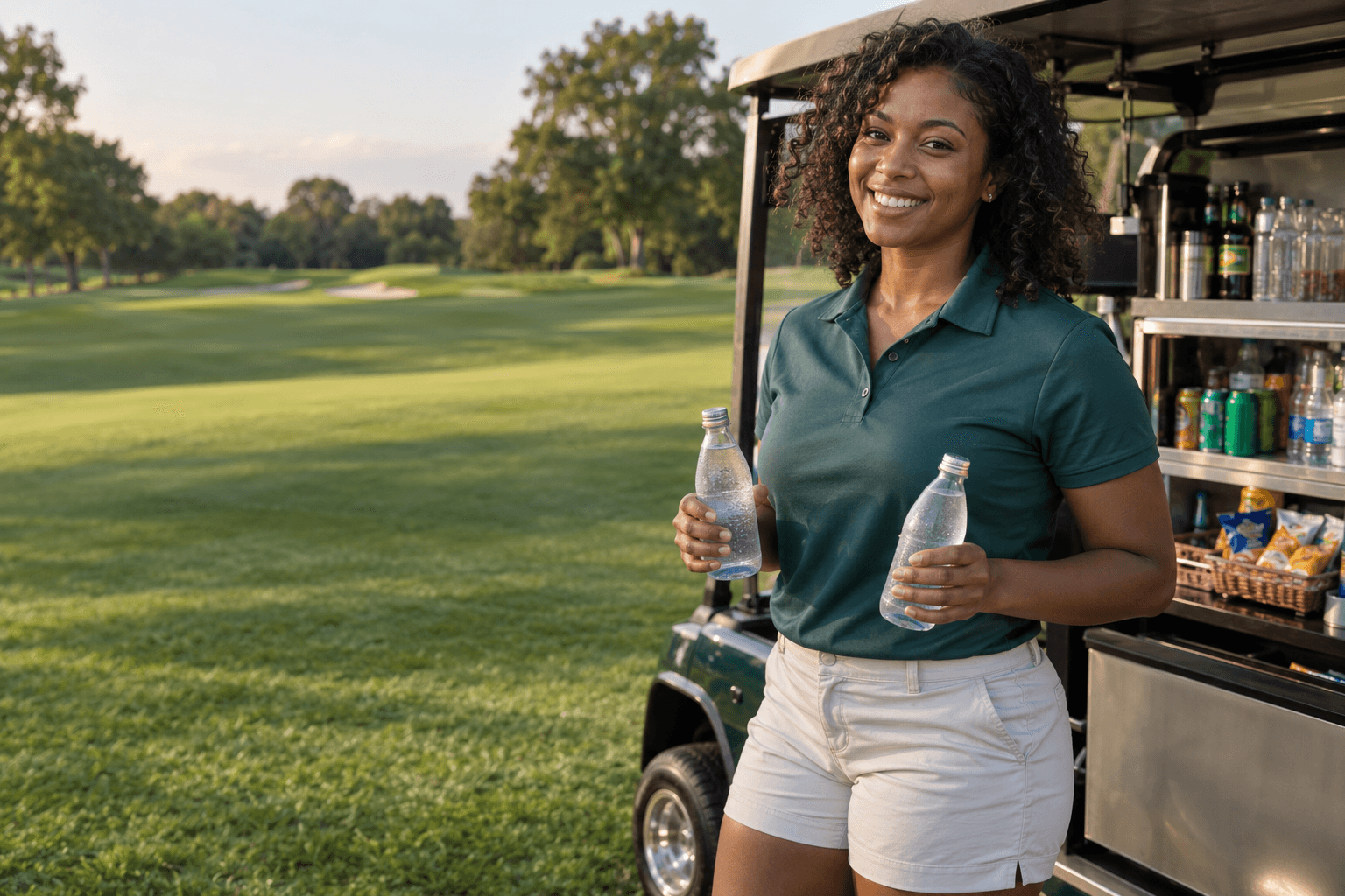 Beverage-cart attendant welcoming golfers on the course